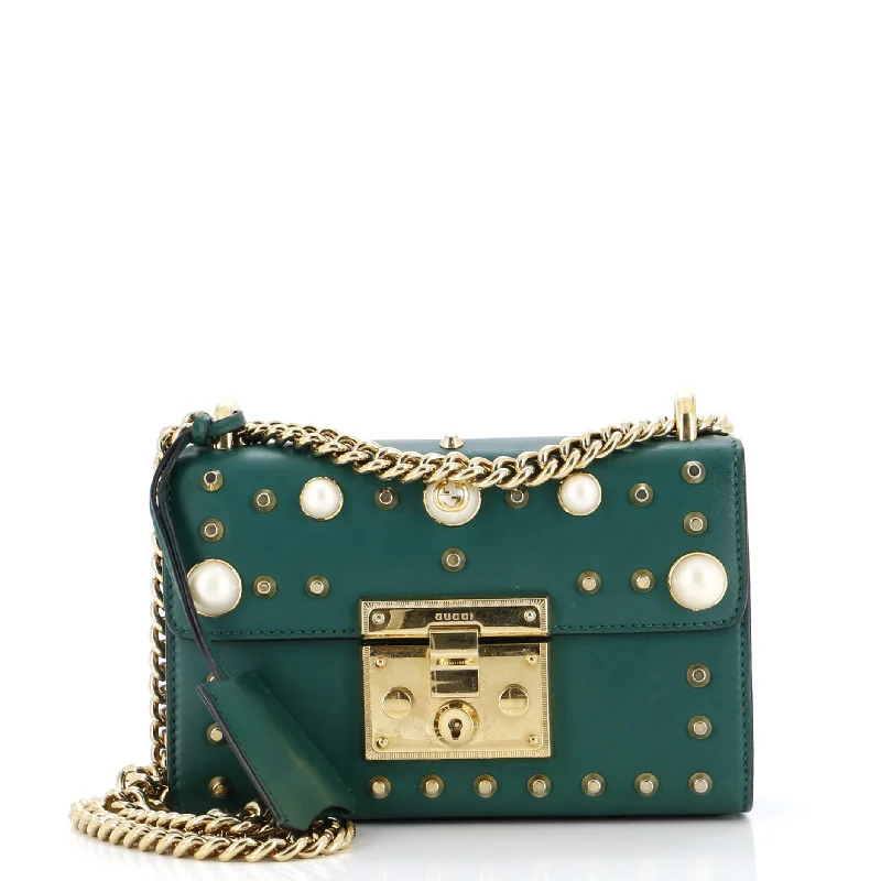 Shoulder bags with bright accents for pop -Pearly Padlock Shoulder Bag Studded Leather Small