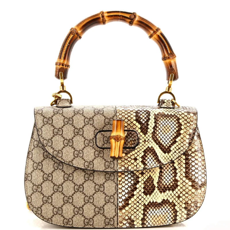 Shoulder bags with sleek silhouettes for fashion -Bamboo 1947 Top Handle Bag GG Coated Canvas and Python Medium