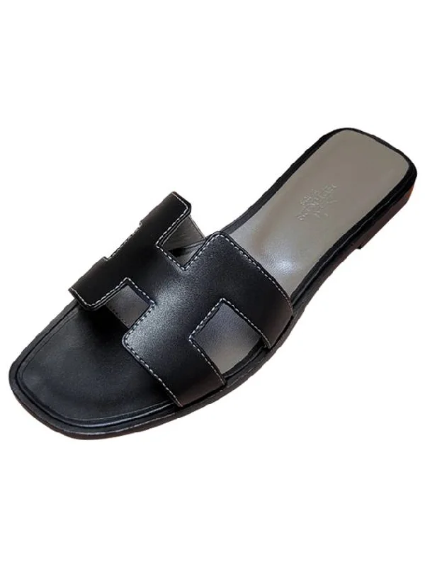 10010200075 Oran H logo leather sandals black women’s shoes TEO