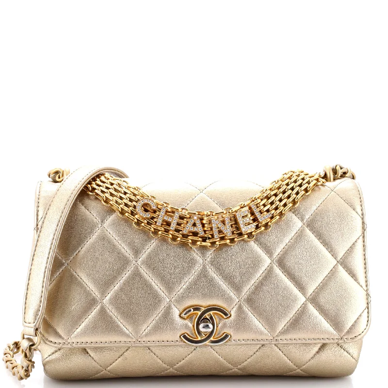 Shoulder bags with pastel colors for softness -Crystal Logo Letters Chain Handle Flap Bag Quilted Lambskin Medium