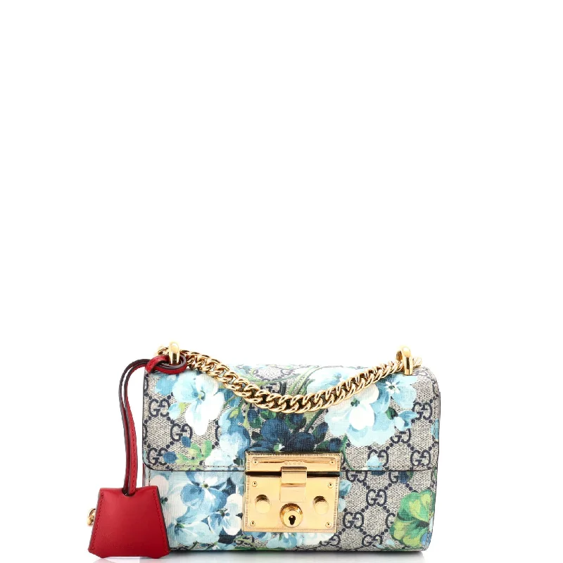 Shoulder bags with vibrant colors for boldness -Padlock Shoulder Bag Blooms Print GG Coated Canvas Small