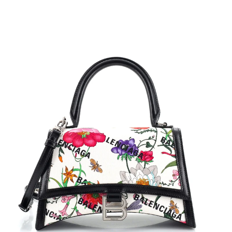 Shoulder bags with floral prints for spring -x Balenciaga The Hacker Project Hourglass Top Handle Bag Flora Canvas Small