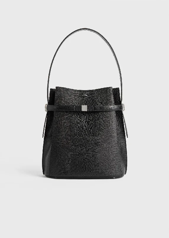 Belted lizard-embossed bucket bag black