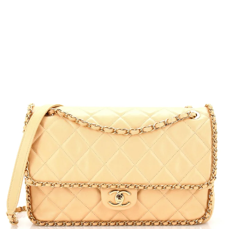 Shoulder bags with neutral leather for elegance -Running Chain Around Flap Bag Quilted Crumpled Calfskin Large