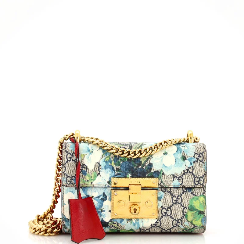 Shoulder bags with vintage clasps for nostalgia -Padlock Shoulder Bag Blooms Print GG Coated Canvas Small