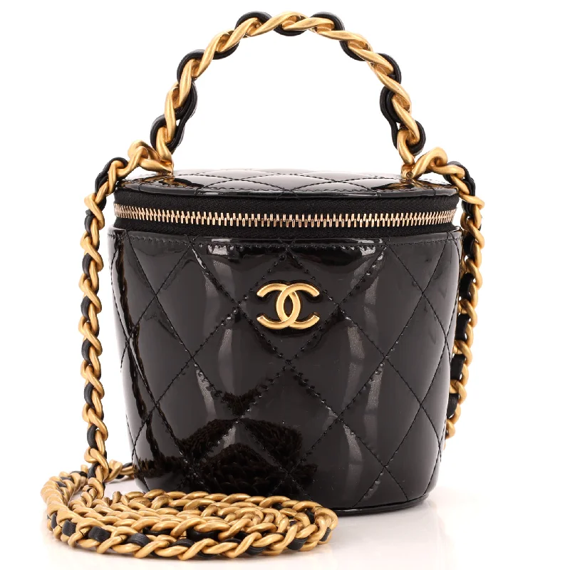 Shoulder bags with zipper closures for security -Woven Chain Top Handle Vanity Bucket Bag Quilted Patent