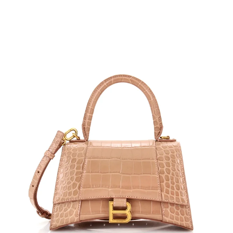 Shoulder bags with tropical prints for summer -Hourglass Top Handle Bag Crocodile Embossed Leather Small