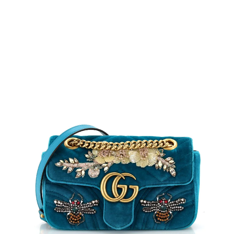 Shoulder bags with bright accents for pop -GG Marmont Flap Bag Embellished Matelasse Velvet Mini