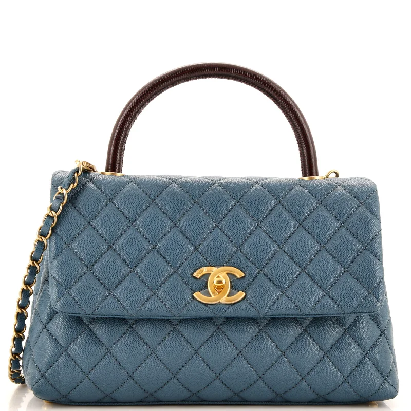 Shoulder bags with bold checks for trend -Coco Top Handle Bag Quilted Caviar with Lizard Small