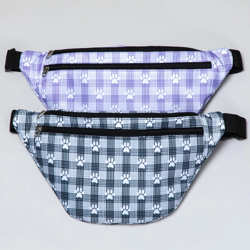 Plaid Paw Print Large Fanny Pack with 3 Zippered Pockets