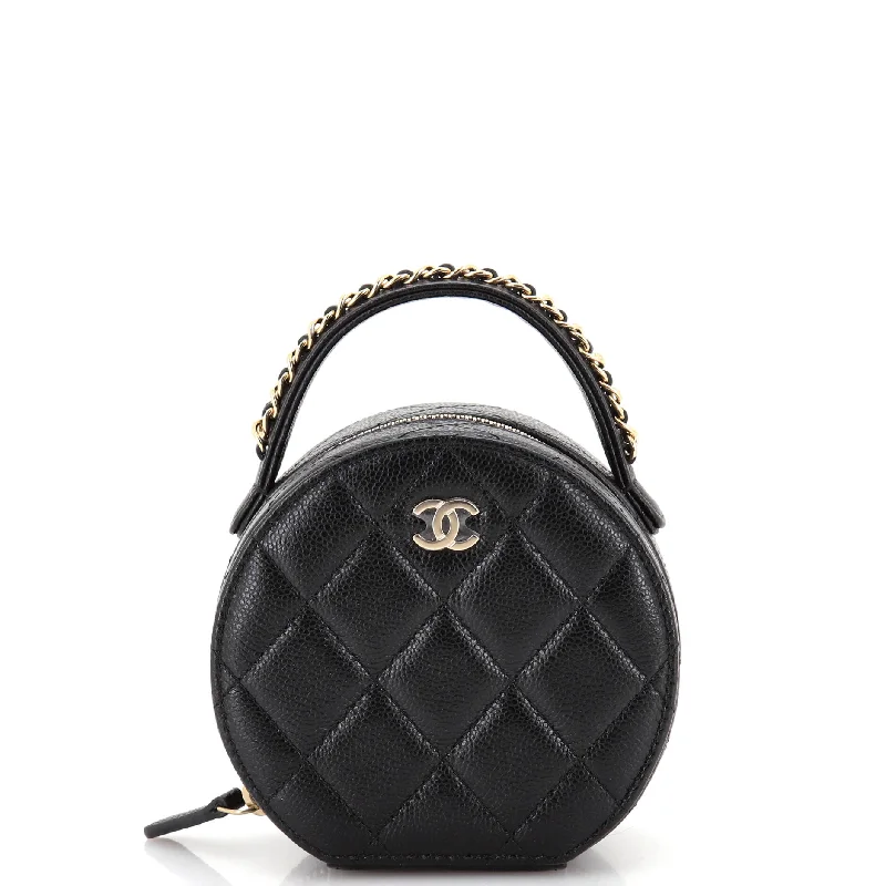 Shoulder bags with chevron designs for trend -Chain Handle Round Jewelry Box Quilted Caviar