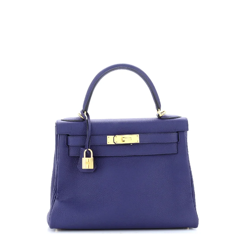 Shoulder bags with playful patterns for fun -Kelly Handbag Bleu Encre Togo with Gold Hardware 28