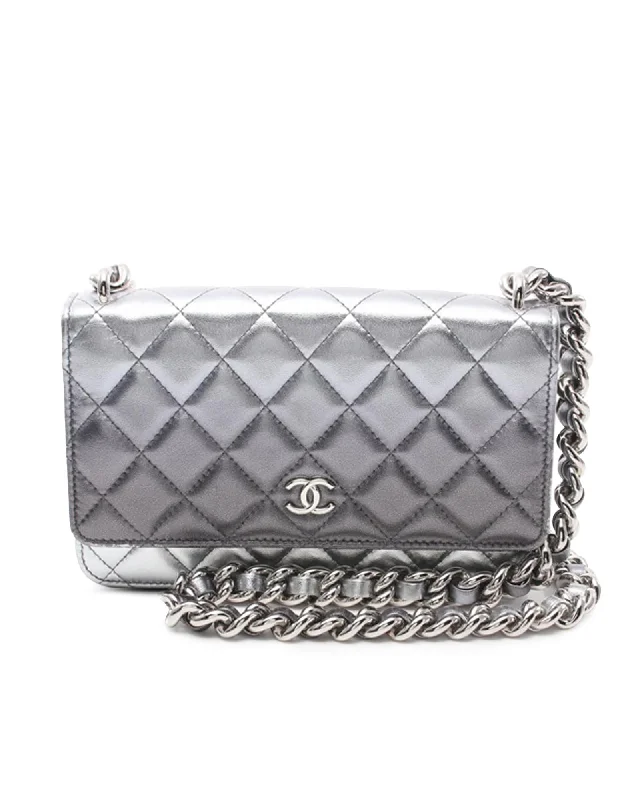 Stylish tote bags with metallic finishes for a modern and glamorous touch-Metallic Quilted Lambskin Wallet on Chain