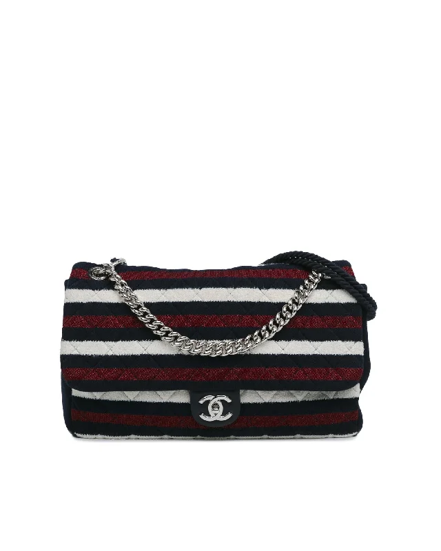 Tote bags with foldable designs for easy storage and portability-Maxi Stripe Jersey Rope Flap Satchel with Chain Strap