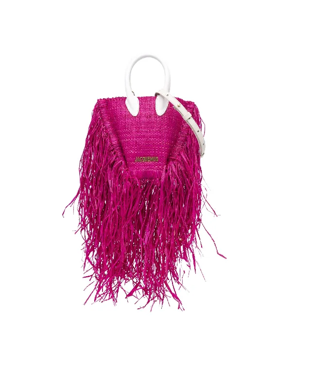 Tote bags with custom designs for a one-of-a-kind personalized accessory-Raffia Satchel with Fringe and Leather Handles