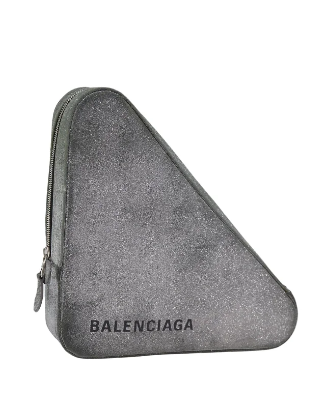 Best tote bags with chunky metallic hardware for an edgy and fashionable feel-Gray Leather Triangle Duffle Clutch Bag - Authentic Balenciaga