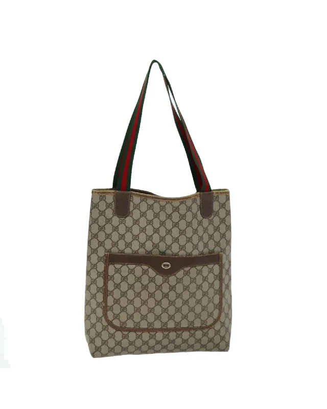 Best tote bags with a vintage-inspired plaid pattern for a classic look-GG Supreme Web Sherry Line Tote Bag in Beige and Red PVC Leather