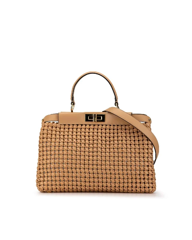 Tote bags with minimalist logo details for a clean and sleek appearance-Medium Peekaboo Intreccio Woven Leather Satchel with Detachable Strap