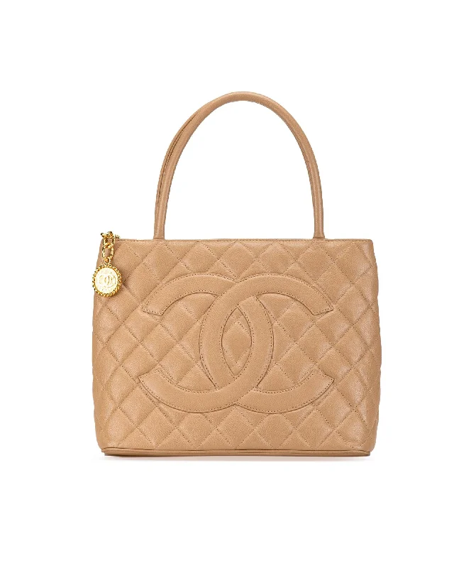 Tote bags with a drawstring closure for a casual, relaxed design-Quilted Leather Medallion Tote with Multiple Pockets