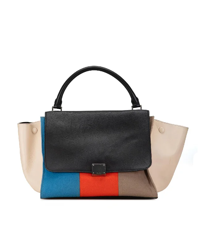 Best tote bags with colorful embroidery for a playful, artistic touch-Wool and Calfskin Colorblock Trapeze Satchel