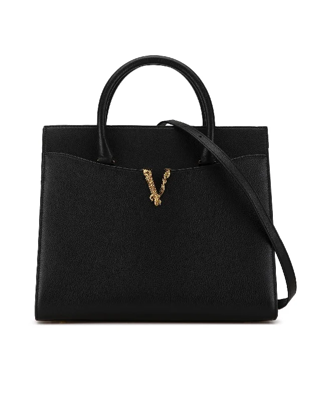 Tote bags with leather fringe for a boho-chic and trendy vibe-Large Grained Calfskin Virtus Top Handle with Gold V Detail