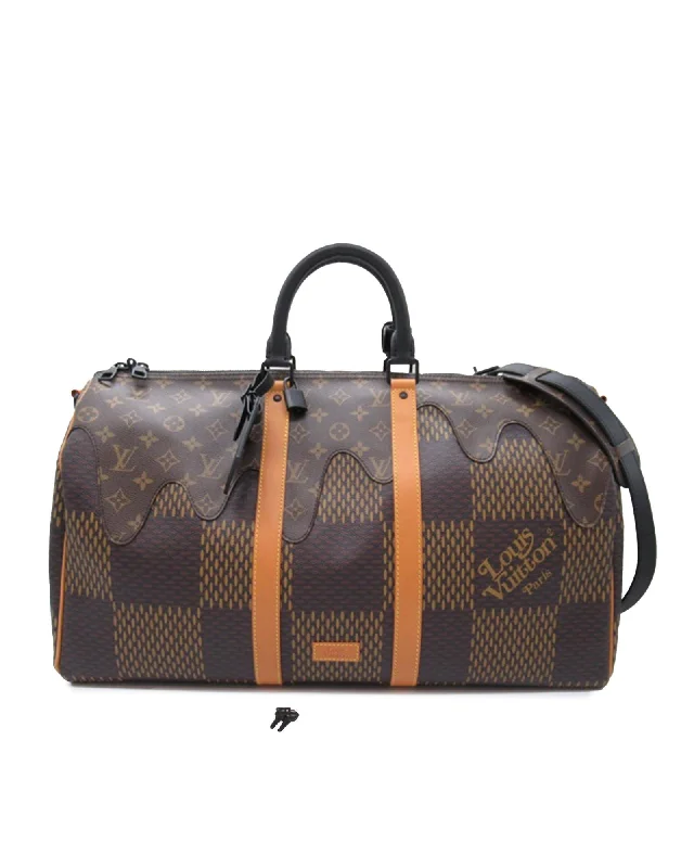 Best tote bags with adjustable straps for customized comfort and fit-Giant Damier Monogram Canvas Keepall Bandouliere with Vachetta Leather Trim