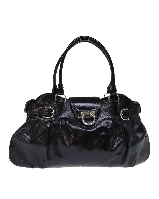 Tote bags with leather accents for a sophisticated and high-end appearance-Black Patent Leather Shoulder Bag with Gancini Design