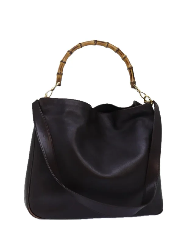 Best tote bags for shopping with large, roomy interiors for convenience-Black Leather Shoulder Bag with Bamboo Detailing