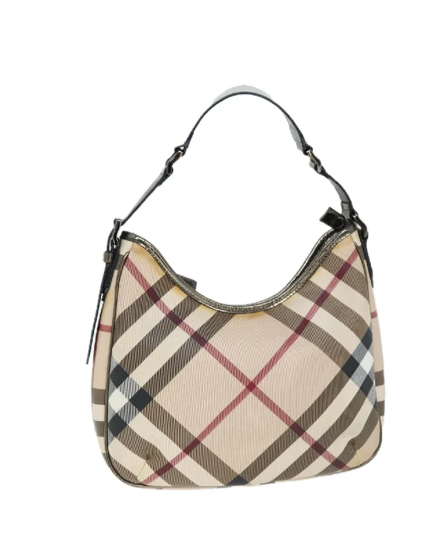 Best tote bags with vegan leather for a cruelty-free and stylish option-Beige Coated Canvas Shoulder Bag with Nova Check Pattern