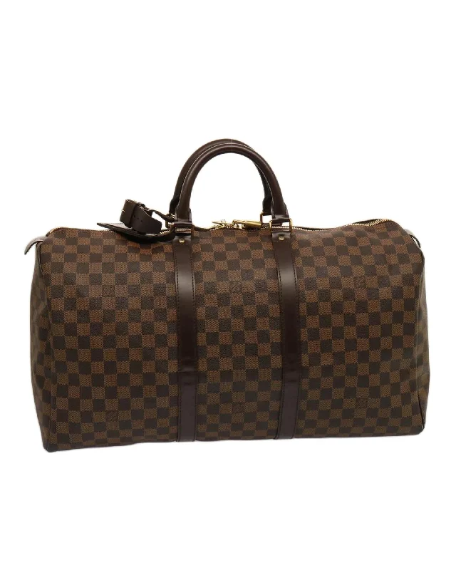 Tote bags with spacious interiors and multiple compartments for easy organization-Damier Ebene Keepall 50 Boston Bag