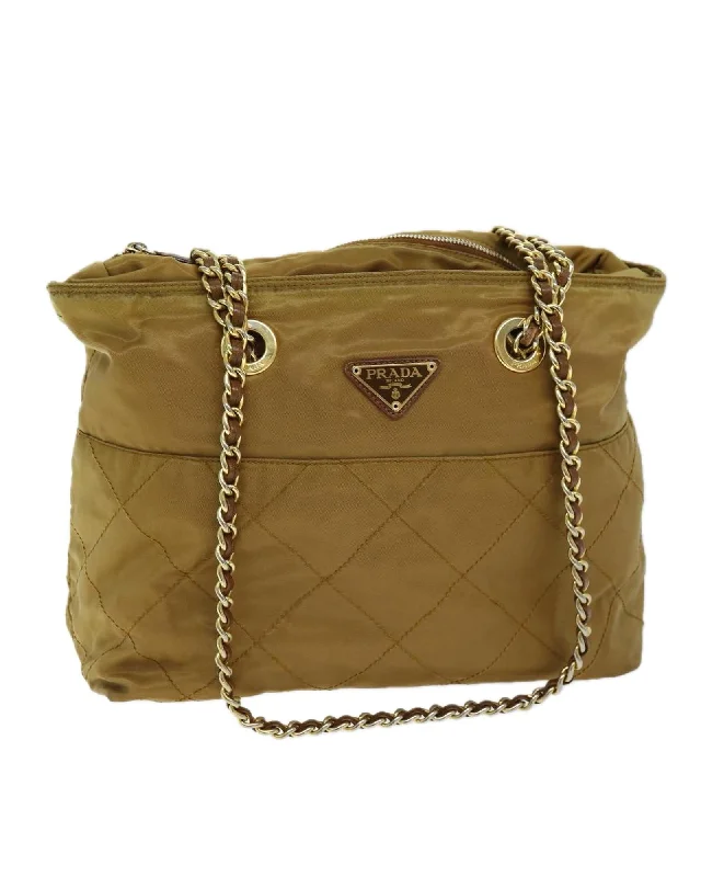 Best tote bags with elegant chain handles for a high-end and sophisticated look-Quilted Beige Nylon Chain Shoulder Bag by Prada