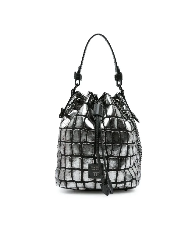 Best tote bags with padded interiors for carrying tech gadgets like laptops-Croc Embossed Leather Drawstring Bucket Bag