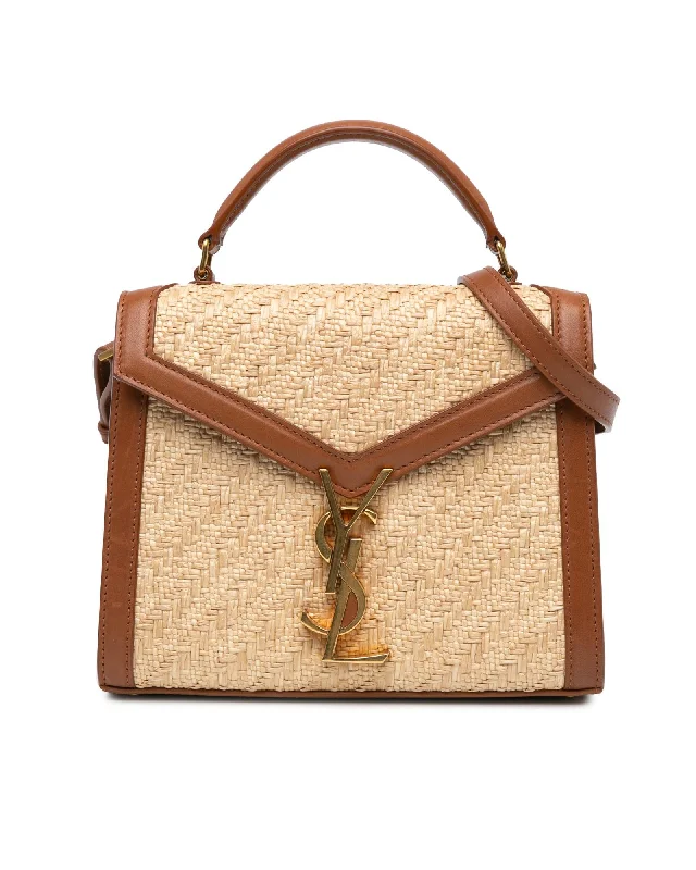 Tote bags with athletic-inspired designs for a sporty and casual look-Mini Raffia Satchel with Leather Trim and Detachable Strap