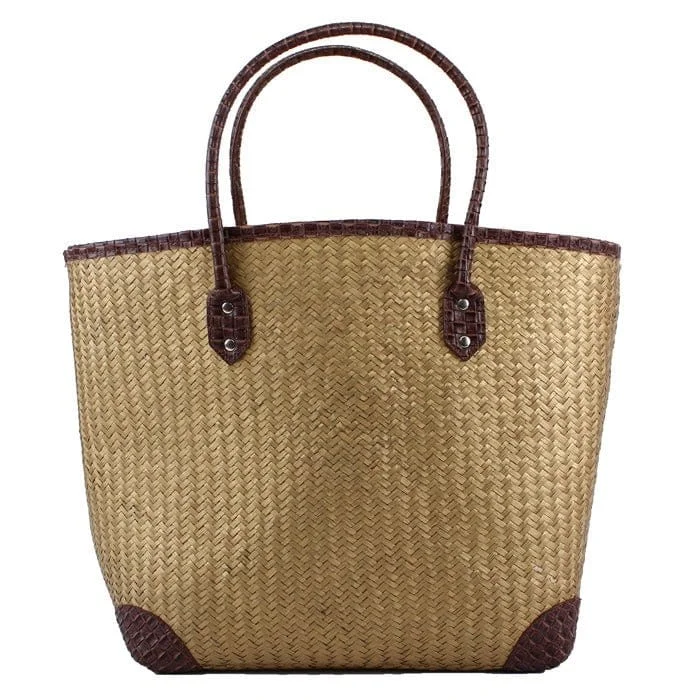 Handle bags with tropical leaves for summer -2391L Large Flat Woven Tote/Beach Bag