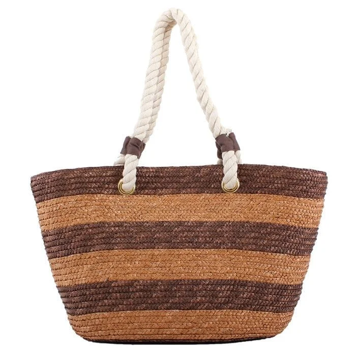 Handle bags with rustic leather for charm -2455 Rope Handle Straw Shoulder Tote/Beach Bag