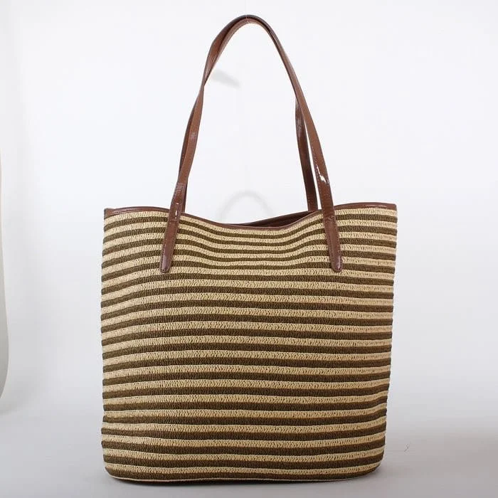 Handle bags with expandable sides for flexibility -2486 Straw Striped Leather Handle Tote/Beach Bag