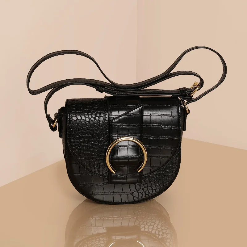 Handle bags with tropical leaves for summer -Accessorize London Women's Black Faux Croc Ring Detail Saddle Bag