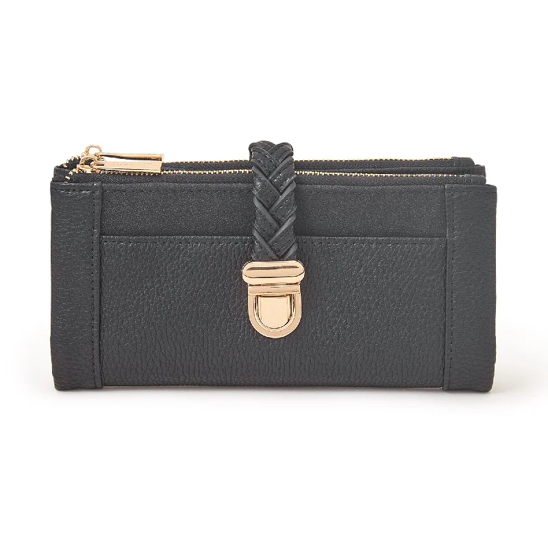 Handle bags with subtle embroidery for detail -Accessorize London Women's Black Plait Push-Lock Wallet