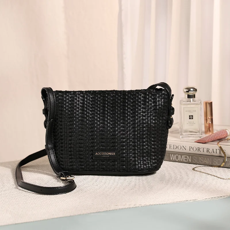 Handle bags with rustic leather for charm -Accessorize London Women's Black Woven Cross-Body Bag Black