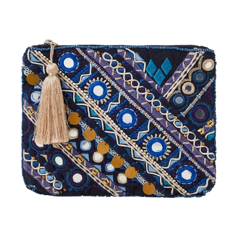 Handle bags with seasonal prints for holidays -Accessorize London Women's Blue Embellished Mirror Pouch