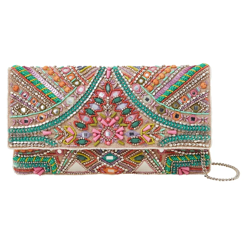 Handle bags with vintage vibes for nostalgia -Accessorize London Women's Cream Beaded Mirror Clutch Bag