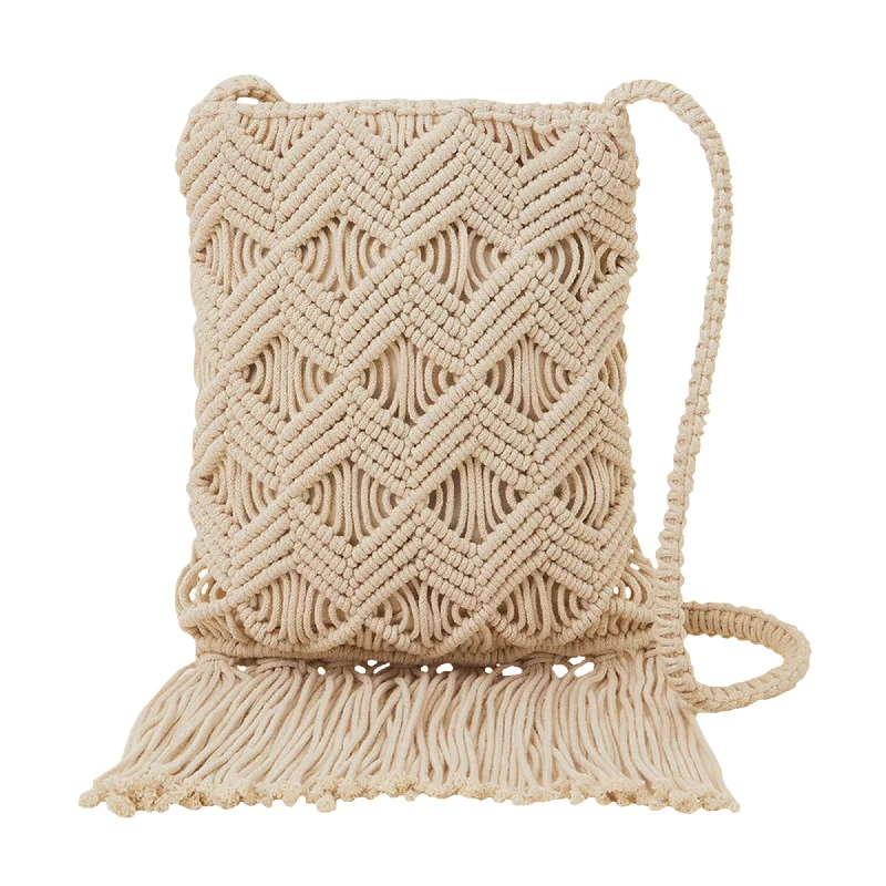 Handle bags with zipper tops for security -Accessorize London Women's Cream Macrame Fringe Phone Bag