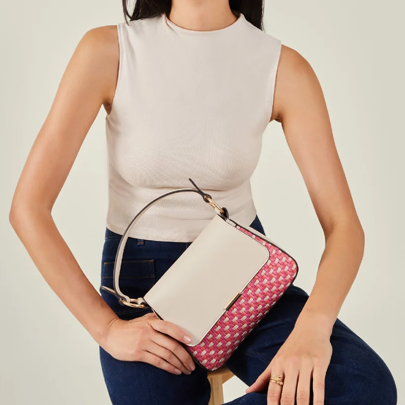 Handle bags with denim fabric for casual -Accessorize London Women's Cream Weave Flap Sling Bag