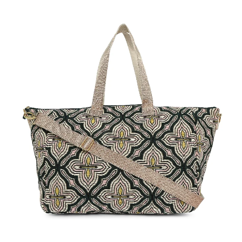 Handle bags with soft leather for luxury -Accessorize London Women's Fabric Green Tile Print Weekender Bag