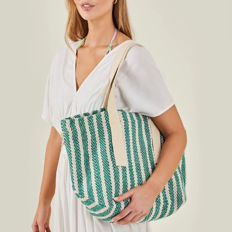 Small handle bags perfect for quick trips -Accessorize London Women's Green Stripe Woven Shoulder Bag