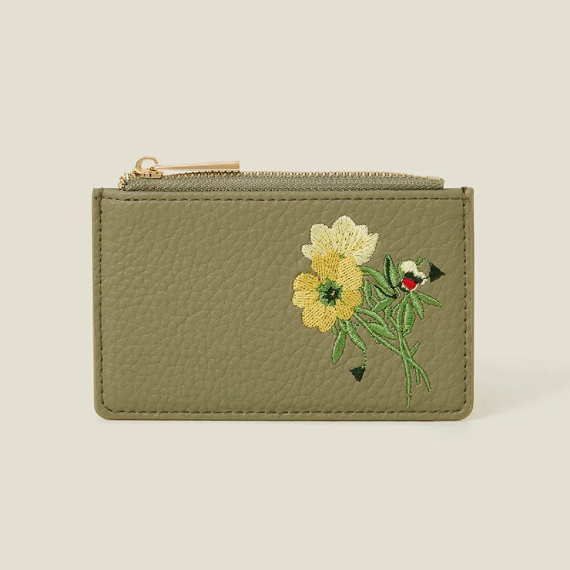 Handle bags with spacious pockets for travel -Accessorize London Women's Khaki Embroidered Floral Cardholder