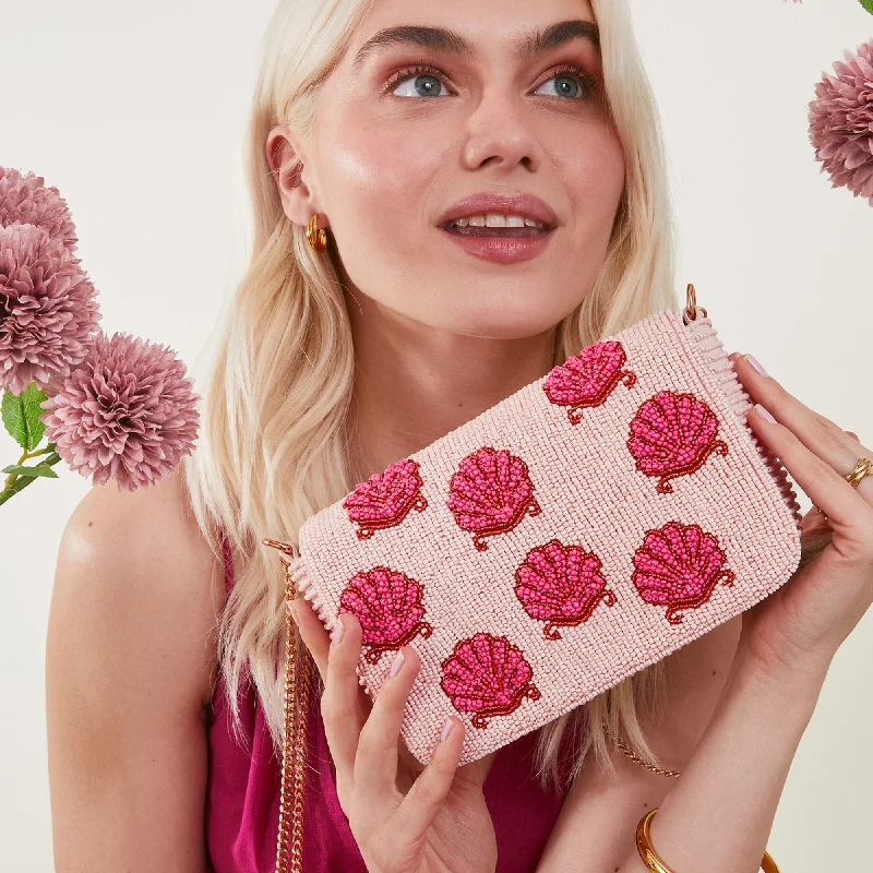 Quilted handle bags with stylish textured finish -Accessorize London Women's Pink Shell Hand-Beaded Chain Strap Clutch Bag