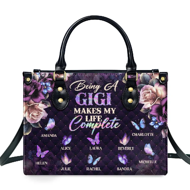 Handle bags with drawstring accents for style -Being A Gigi Makes My Life Complete - Personalized Leather Handbag SBLHBLM2279D