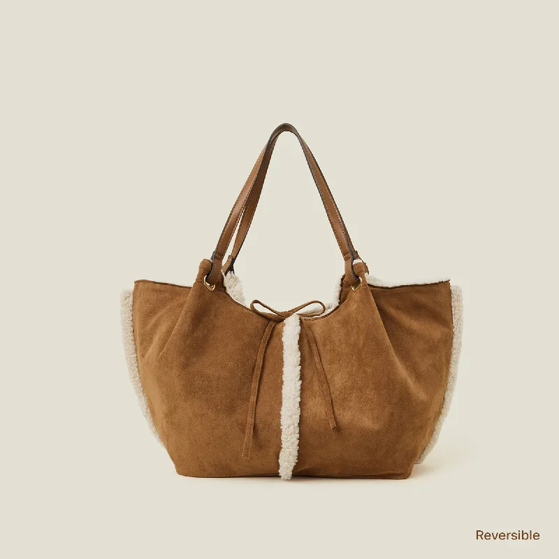 Leather handle bags for elegant daily carry -Brown Shearling Reversible Shoulder Bag