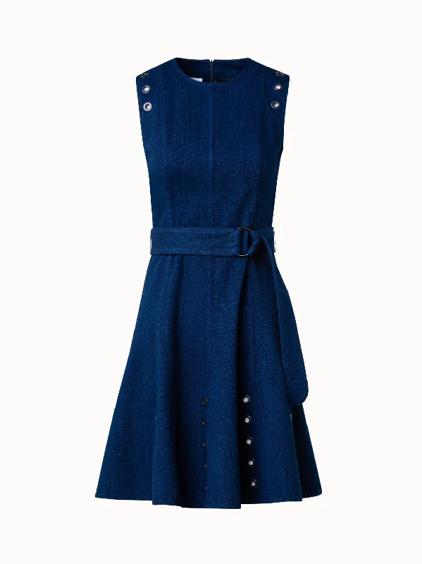 Handle bags with playful patterns for fun -Cotton Denim Stretch A-Line Dress with Eyelet Details